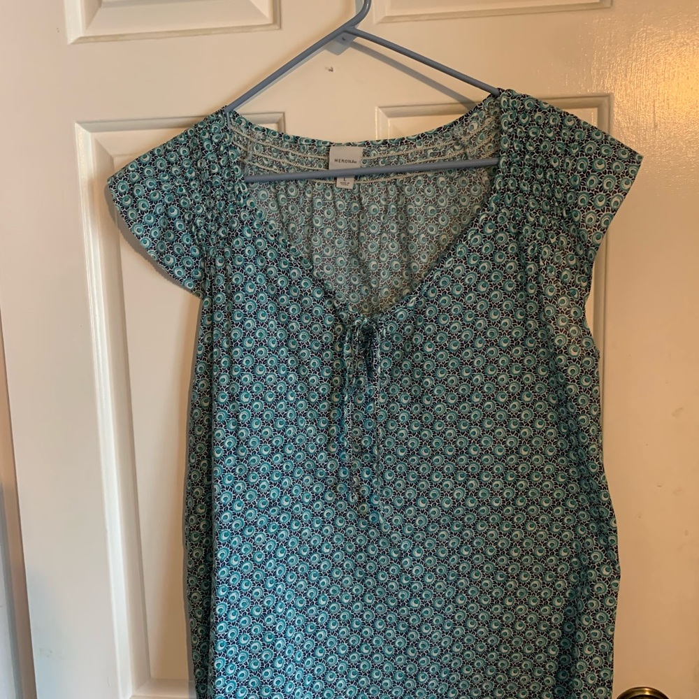 Merona Teal and Navy Floral Print Blouse